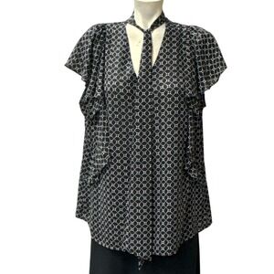 Worthington Womens Black Flutter‎ Sleeve Bow Tie Blouse XL Flowy Career Office